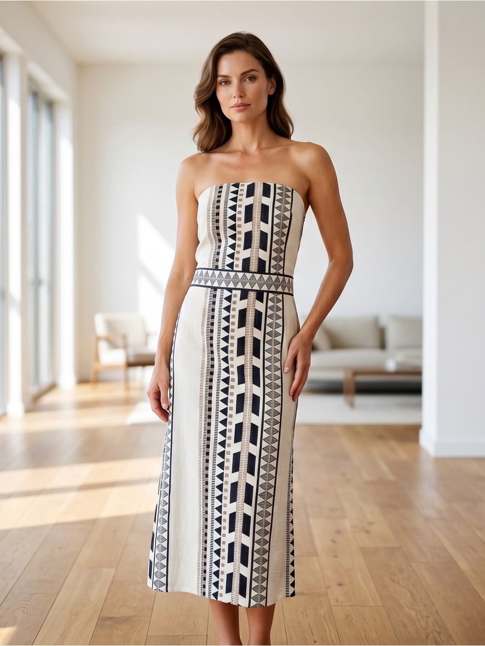 Banana Republic Strapless Geometric Midi Dress in Cream and Black